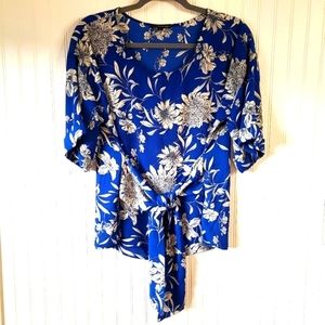 West Kei Julianne Tie Front Cuffed Sleeve Blouse,  Size Medium, Cobalt Blue